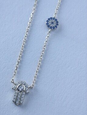 Sterling Silver Blue and White Pavé Hamsa Pendant Necklace